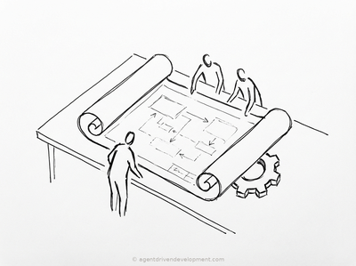 Pen sketch of a blueprint unrolling revealing an architecture diagram with team figures and a gear
