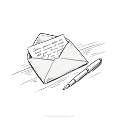 Pen sketch of an open envelope with a letter and fountain pen on a desk