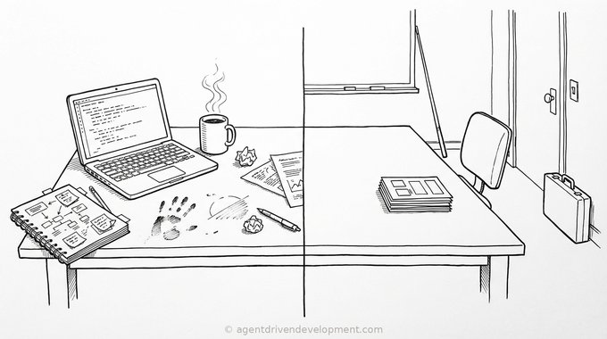 Two desks: one with code and coffee, one with slide printouts and an empty chair