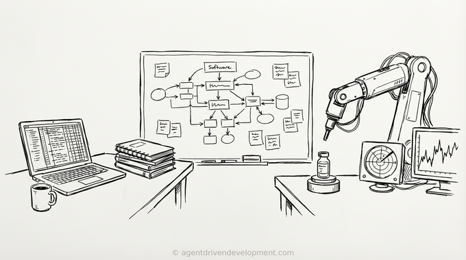 Pen sketch of a practitioner's workshop: laptop with code, whiteboard architecture diagram, robot arm, pharma vial, radar monitor, trading terminal
