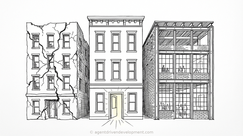 Three buildings: one crumbling, one with light streaming through, one industrial warehouse — the three paths
