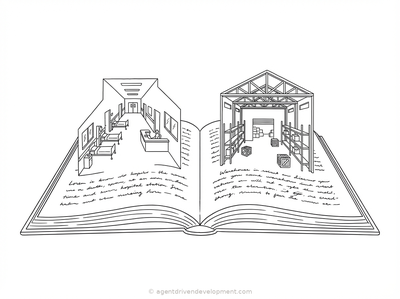 An open book with architectural scenes rising from its pages — a hospital corridor and a warehouse