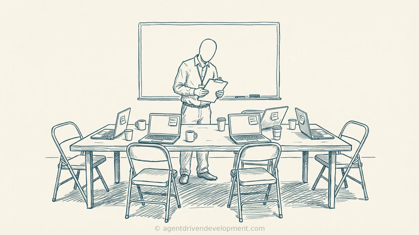 Pen doodle of a bewildered human moderator standing with clipboard in a conference room where all the focus group participants are laptops sitting in folding chairs with coffee cups they cannot drink