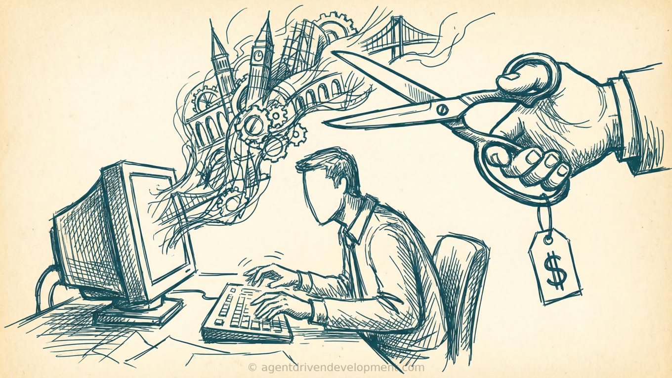 Engineer building elaborate structures from a monitor while a giant hand with price-tagged scissors cuts the creative flow