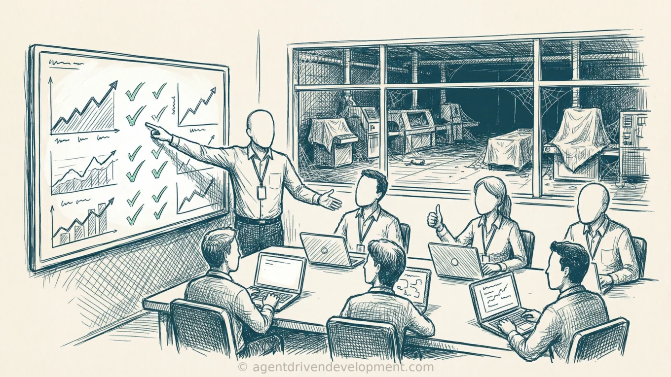 Meeting doodle: presenter proudly showing dashboard of green checkmarks and upward-trending activity metrics while through the window behind them the actual factory floor sits empty and cobwebbed