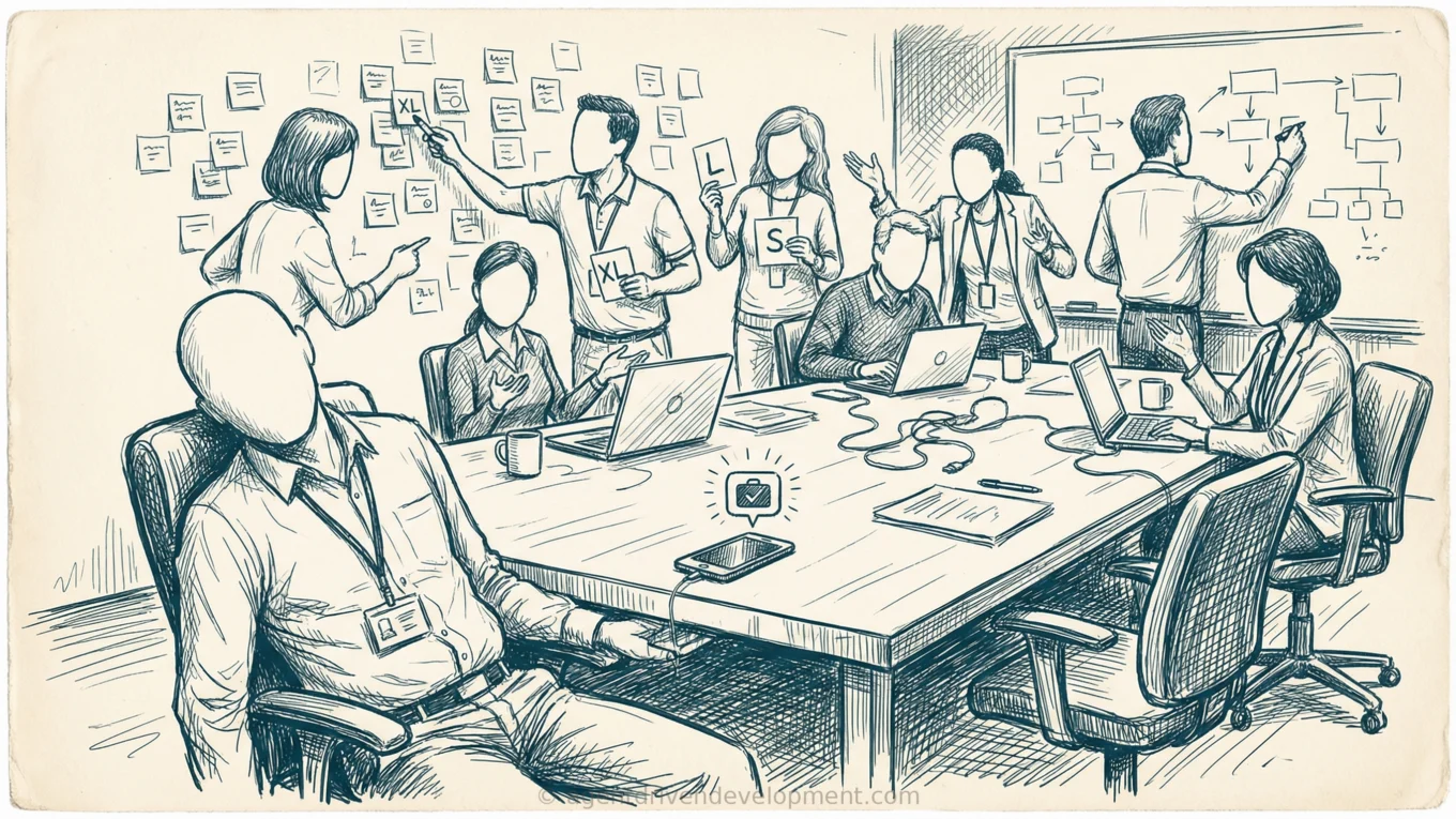 Pen doodle of a quarterly planning session with adults debating t-shirt sizes and dot-voting on sticky notes while one developer slouches with phone under the table