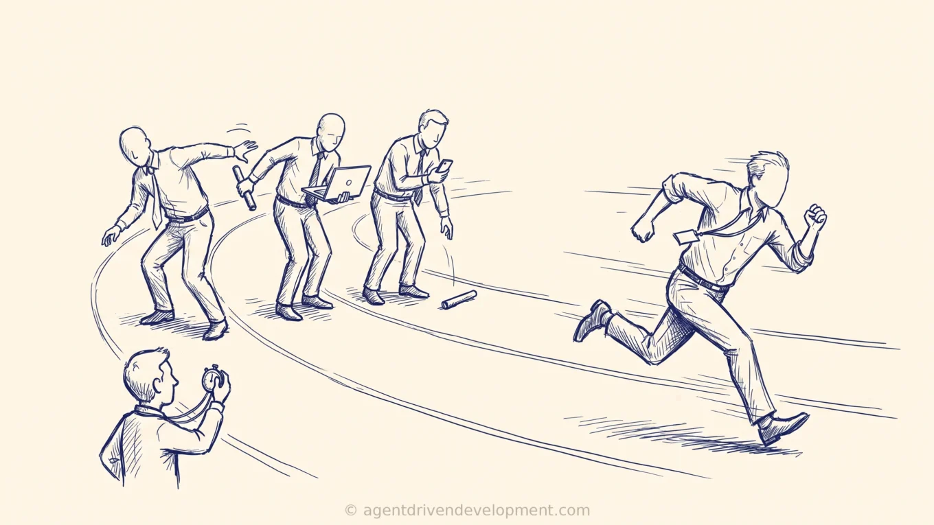 Pen sketch of a lone sprinter racing ahead while four office workers fumble a baton handoff and a coach with a stopwatch watches the sprinter