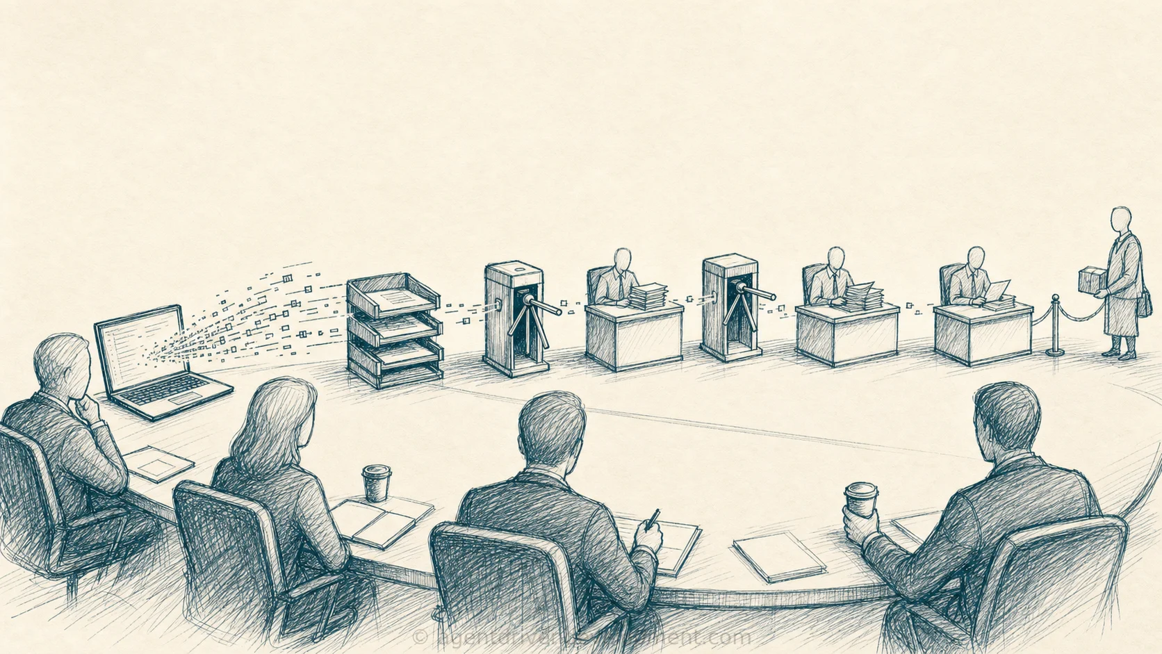 Pen doodle of AI-generated work moving from a laptop into a long executive approval queue.