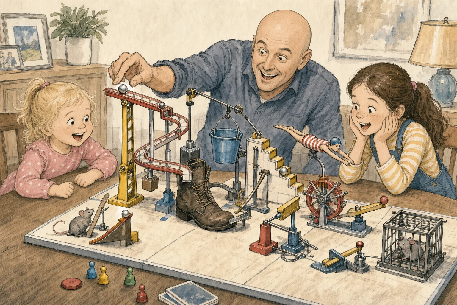 A bald father playing an elaborate mouse-catching chain-reaction board game with his blonde three-year-old daughter and brunette five-year-old daughter.