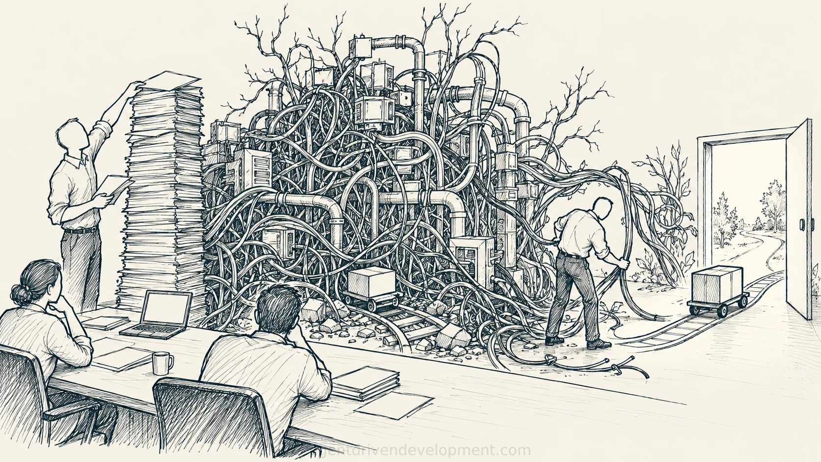 Pen doodle illustration for the-agents-are-fine-your-codebase-is-a-mess